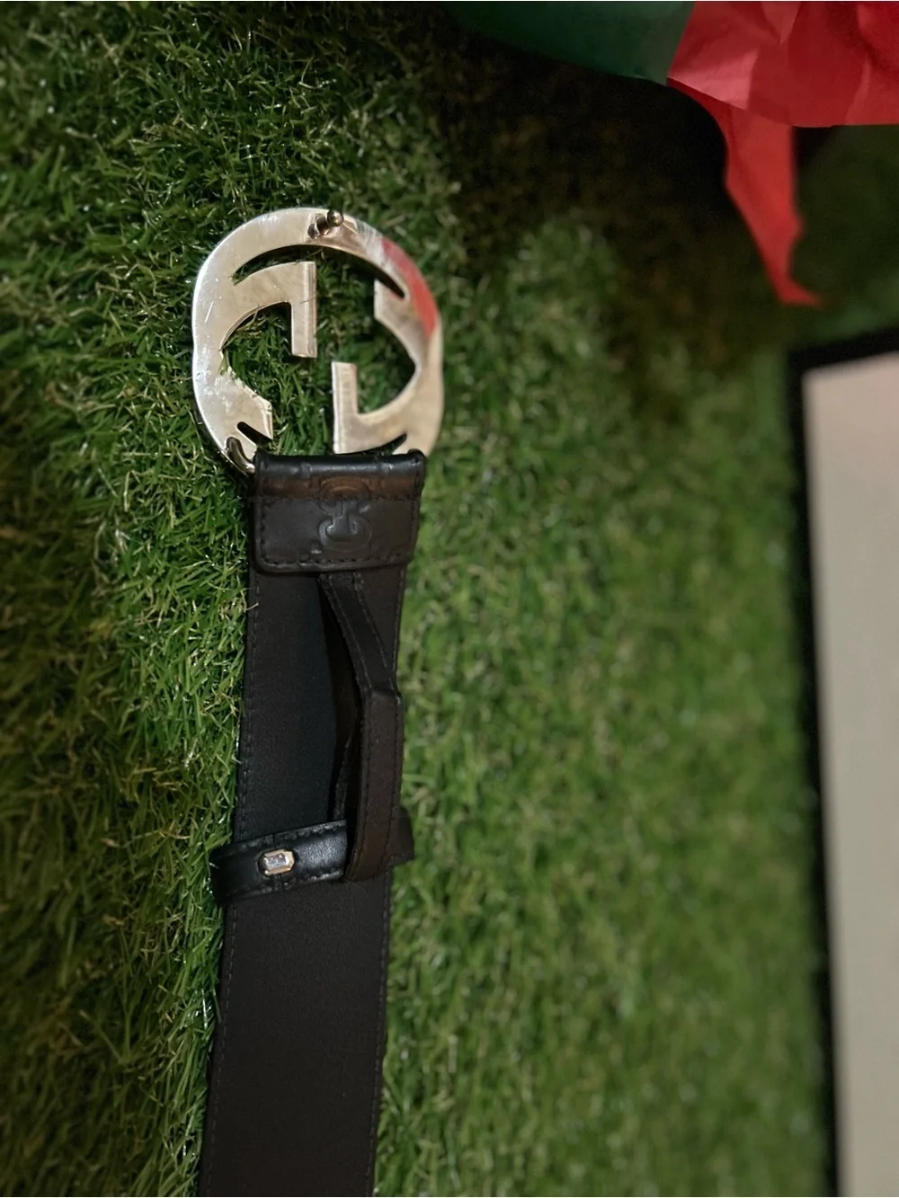 Gucci Guccissima Interlocking G Black Leather Belt size 105(36-38) Silver Buckle